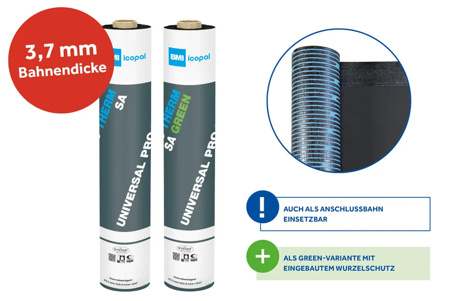 Universal Pro Therm SA ist eine teilflächig kaltselbstklebende Abdichtungsbahn aus POCB Polyolefin-Copolymerisat-Bitumen (FPO) 